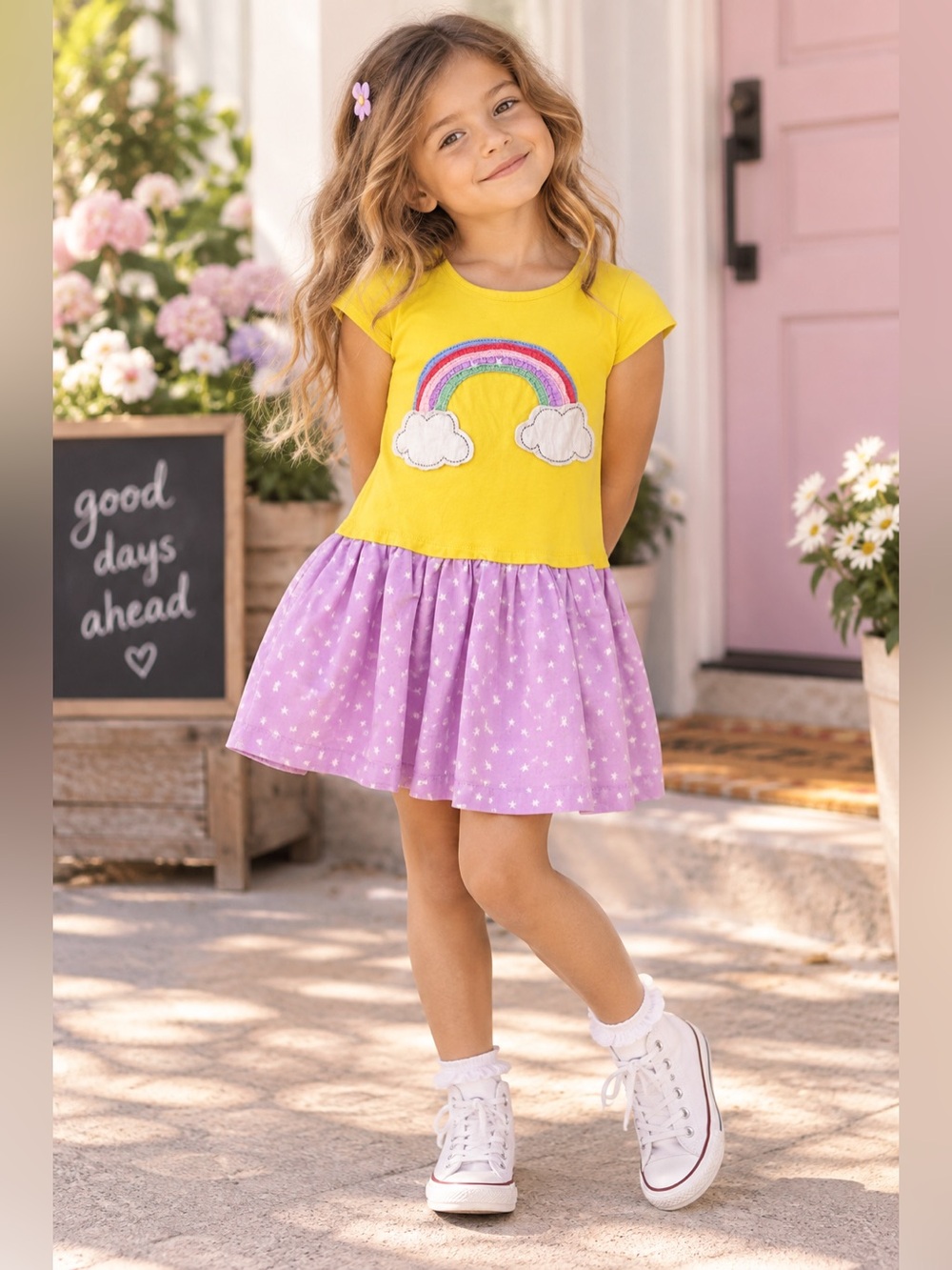 Mini Boden Rainbow Appliqué Patch Yellow Purple Star Twirl Dress Girls 6